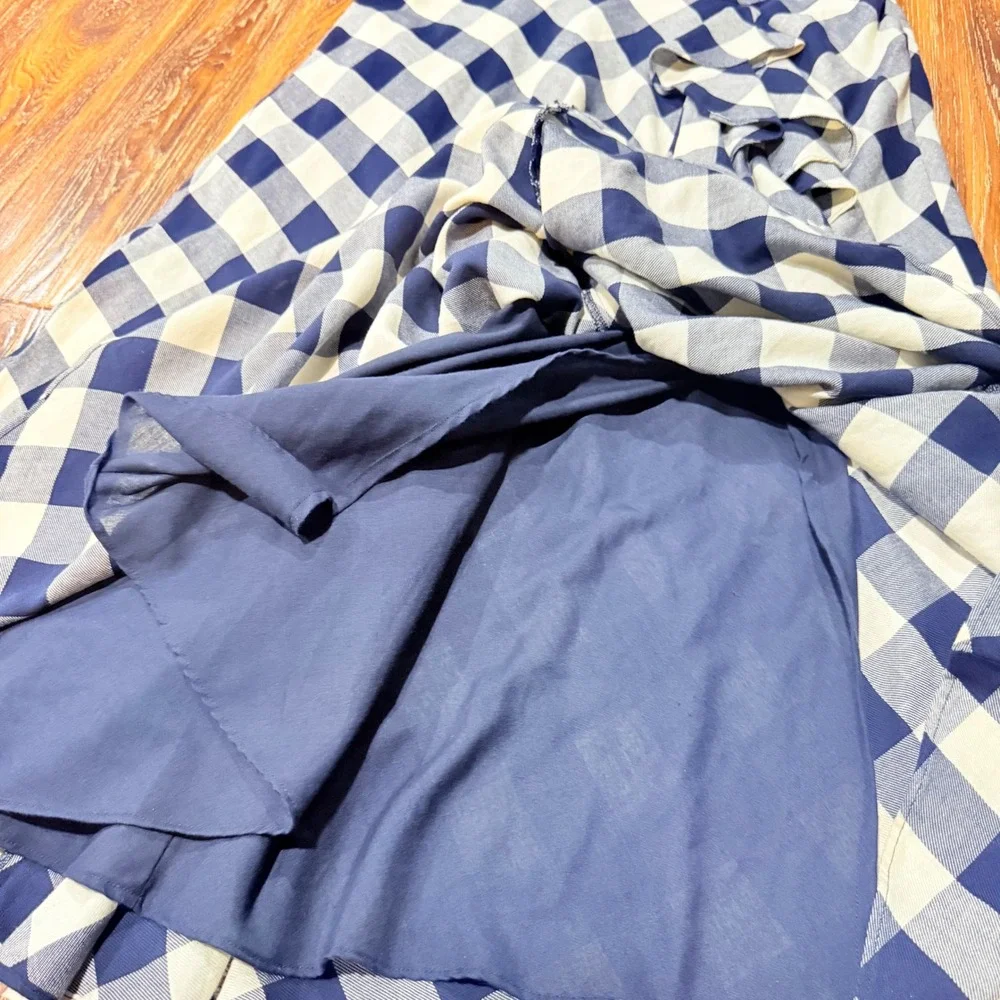 Ralph Lauren Navy Gingham Ruffle Front Midi Skirt Blue White Size 8 M Plaid - Picture 5 of 7